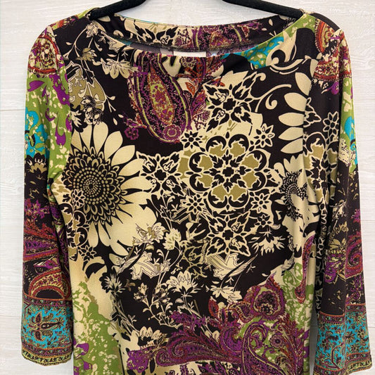 Beige by ECI Purple/ Green Print Long Sleeve Dress 8