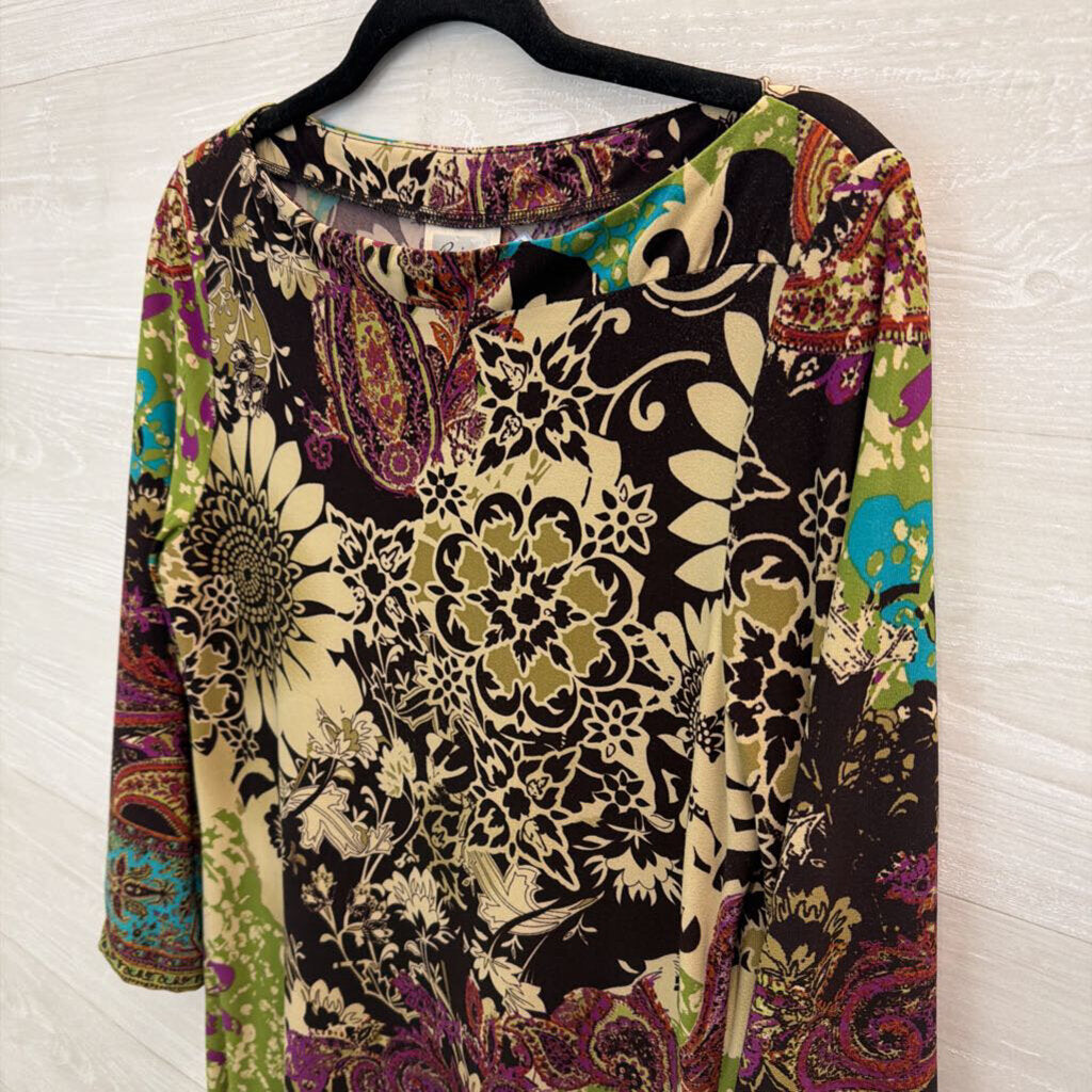 Beige by ECI Purple/ Green Print Long Sleeve Dress 8