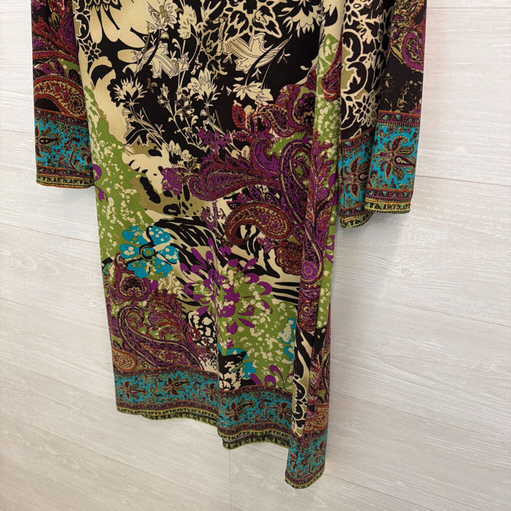 Beige by ECI Purple/ Green Print Long Sleeve Dress 8