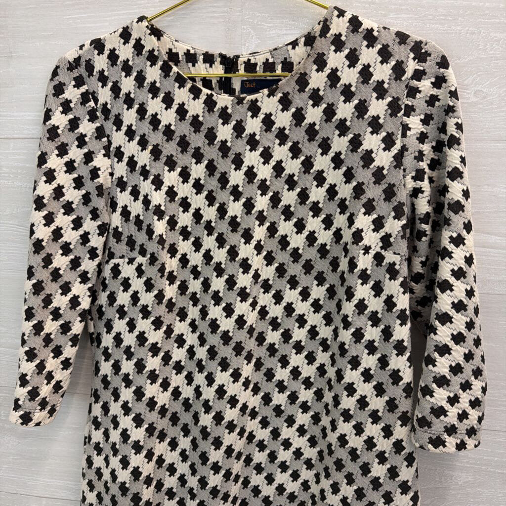 Just Taylor Black/ Cream Houndstooth Textured Print Long Sleeve Dress 10