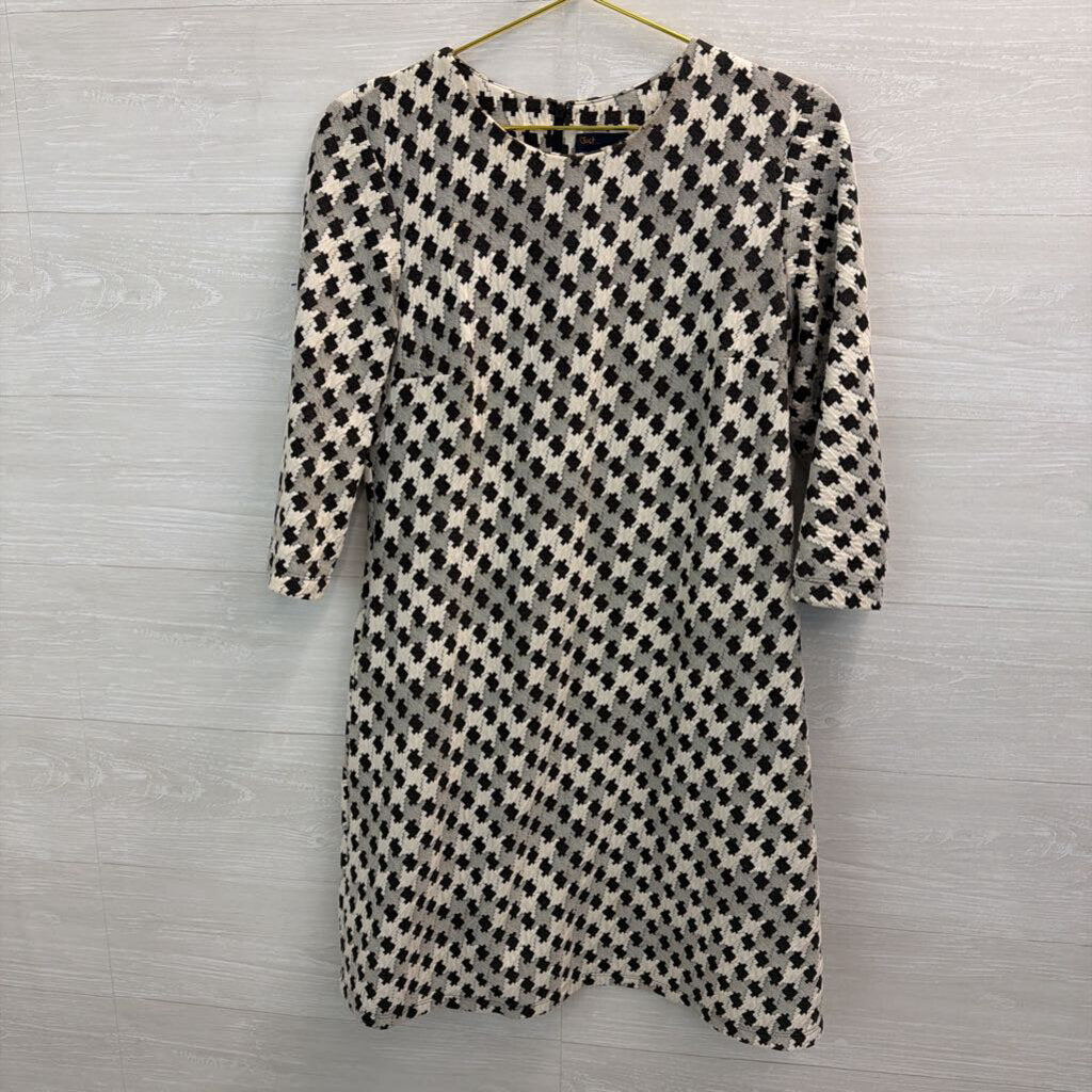 Just Taylor Black/ Cream Houndstooth Textured Print Long Sleeve Dress 10