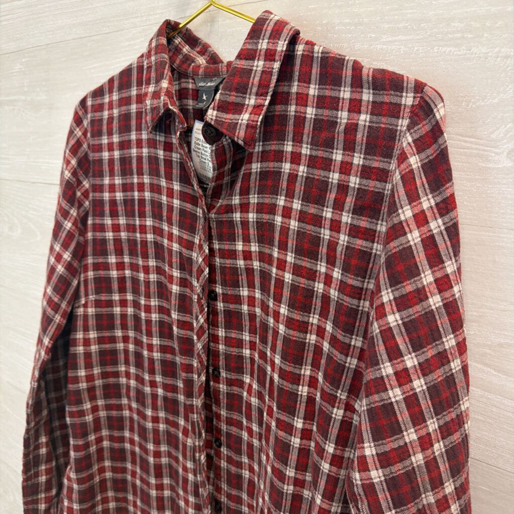 Eddie Bauer Red/ Cream Plaid Long Sleeve Button Down Top Small
