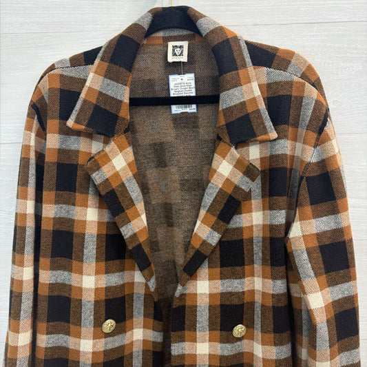 Anne Klein Brown/ Cream/ Black Gingham Double Breasted Sweater Jacket Large