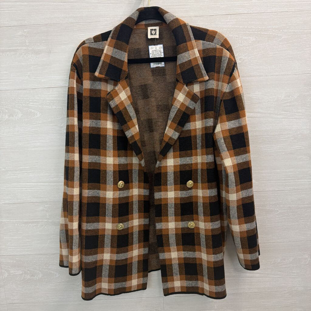 Anne Klein Brown/ Cream/ Black Gingham Double Breasted Sweater Jacket Large