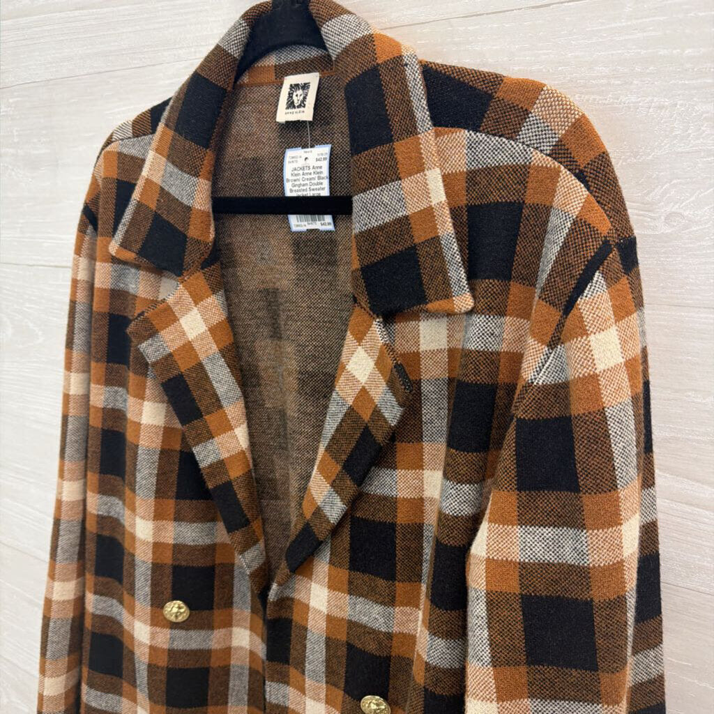 Anne Klein Brown/ Cream/ Black Gingham Double Breasted Sweater Jacket Large