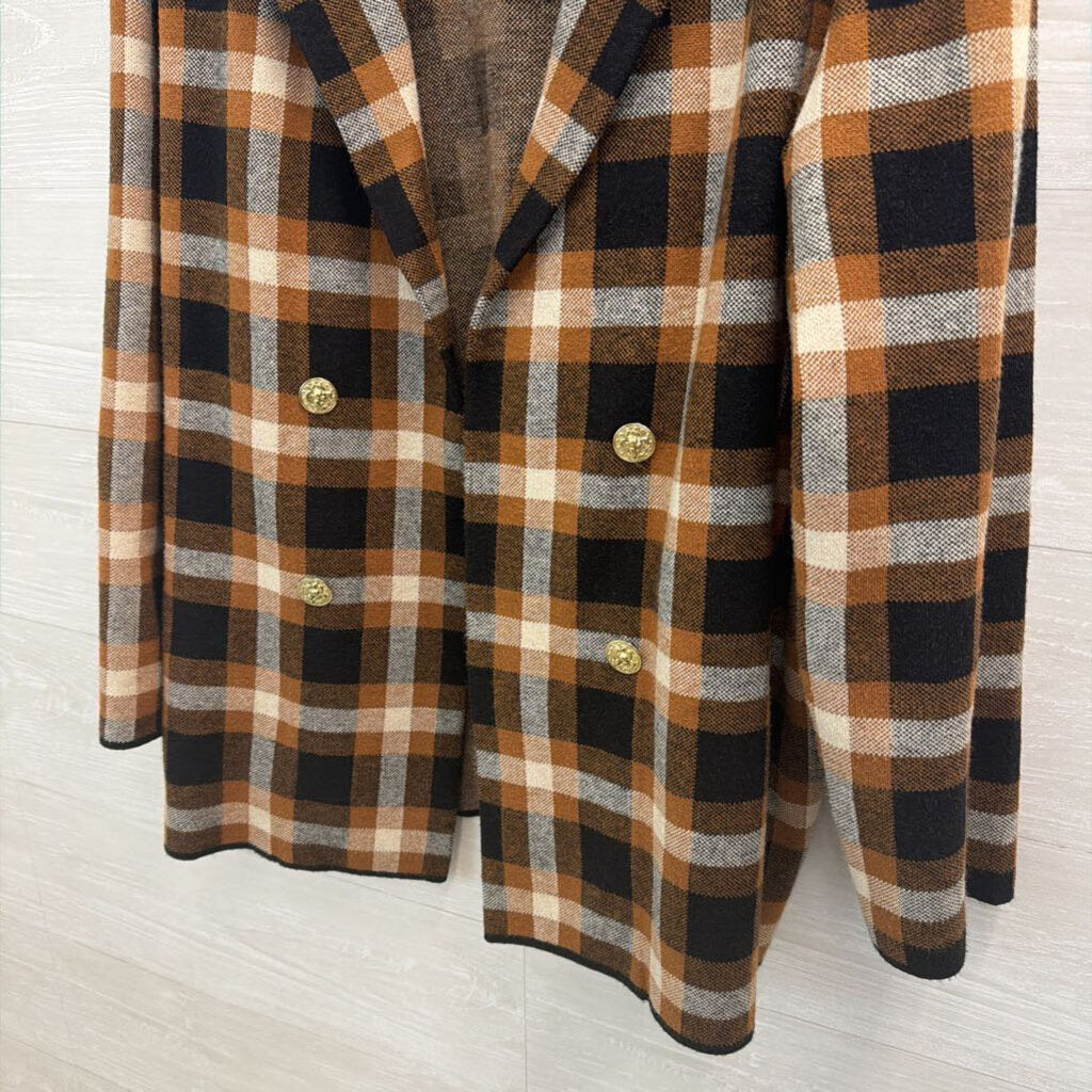 Anne Klein Brown/ Cream/ Black Gingham Double Breasted Sweater Jacket Large