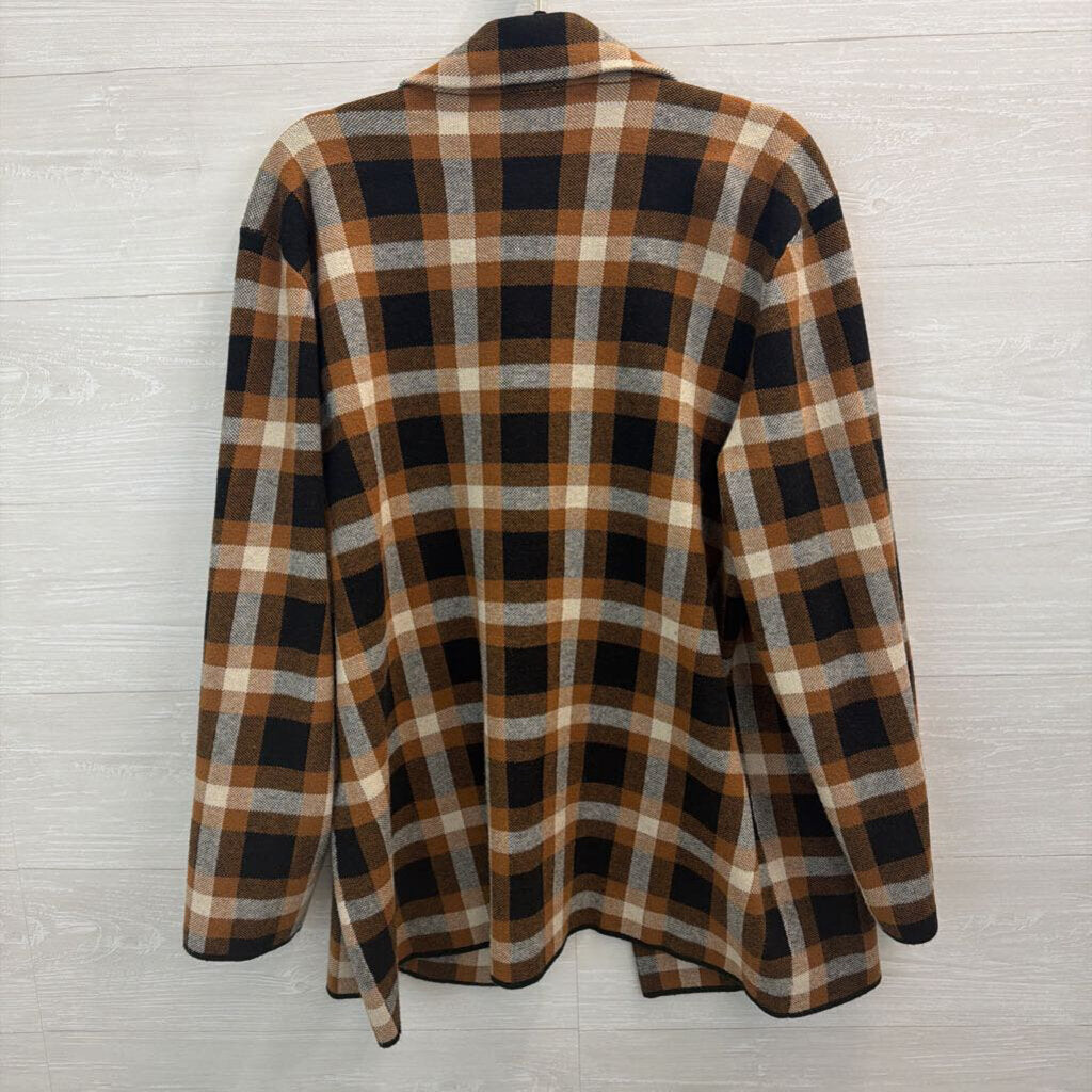 Anne Klein Brown/ Cream/ Black Gingham Double Breasted Sweater Jacket Large