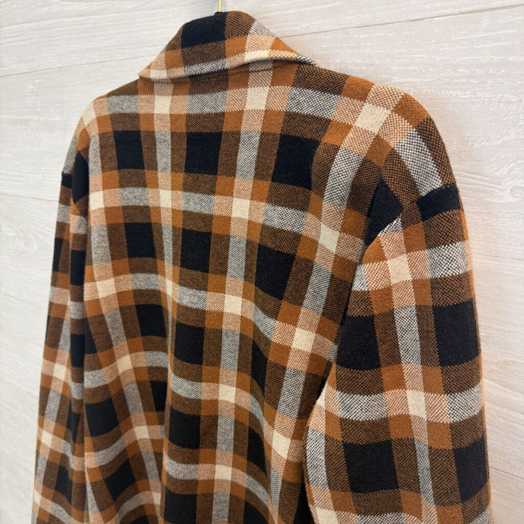 Anne Klein Brown/ Cream/ Black Gingham Double Breasted Sweater Jacket Large