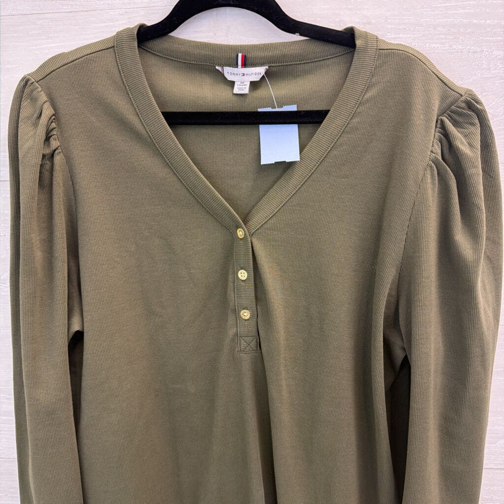 Tommy Hilfiger Green Ribbed Puff Shoulder Long Sleeve Henley Top XXL