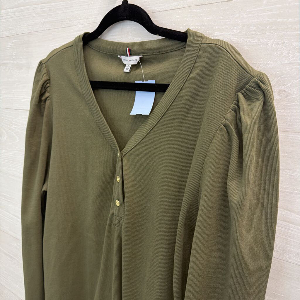 Tommy Hilfiger Green Ribbed Puff Shoulder Long Sleeve Henley Top XXL