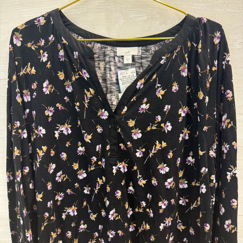 J Jill Black/ Purple Flower Print Long Sleeve Top Extra Large