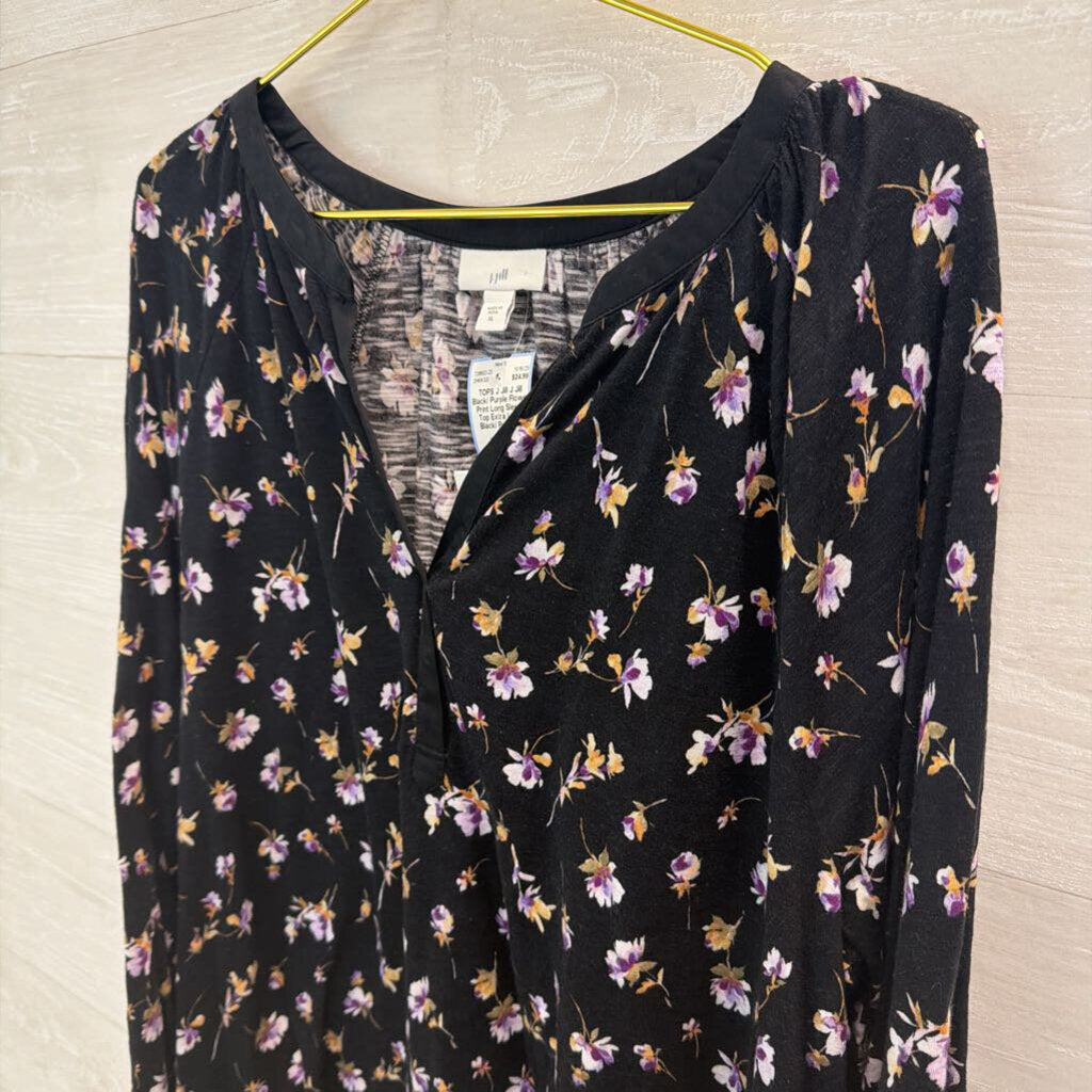 J Jill Black/ Purple Flower Print Long Sleeve Top Extra Large