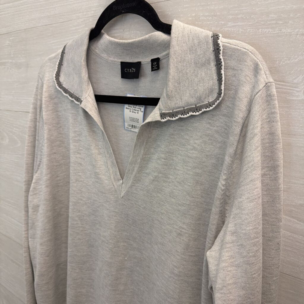 Cyrus Grey Knit Long Sleeve Collared Top 1X