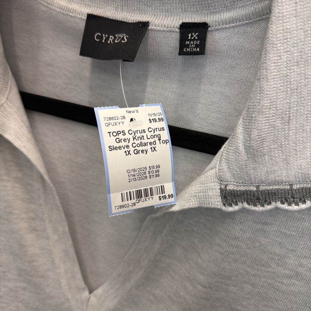 Cyrus Grey Knit Long Sleeve Collared Top 1X