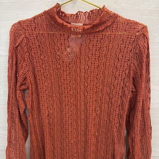 Artistic Works by Lu Orange Sheer Lace Long Sleeve Mock Neck Top Large