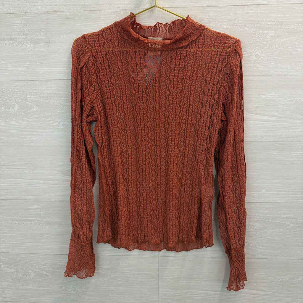 Artistic Works by Lu Orange Sheer Lace Long Sleeve Mock Neck Top Large