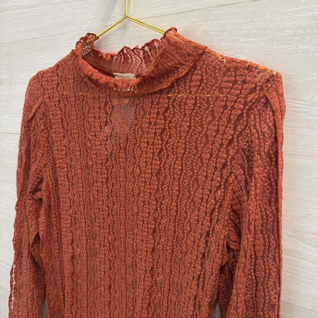 Artistic Works by Lu Orange Sheer Lace Long Sleeve Mock Neck Top Large