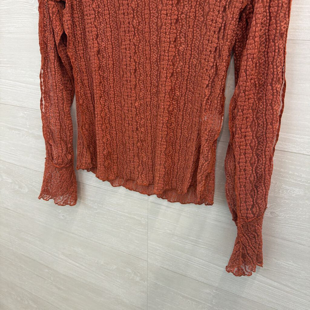 Artistic Works by Lu Orange Sheer Lace Long Sleeve Mock Neck Top Large