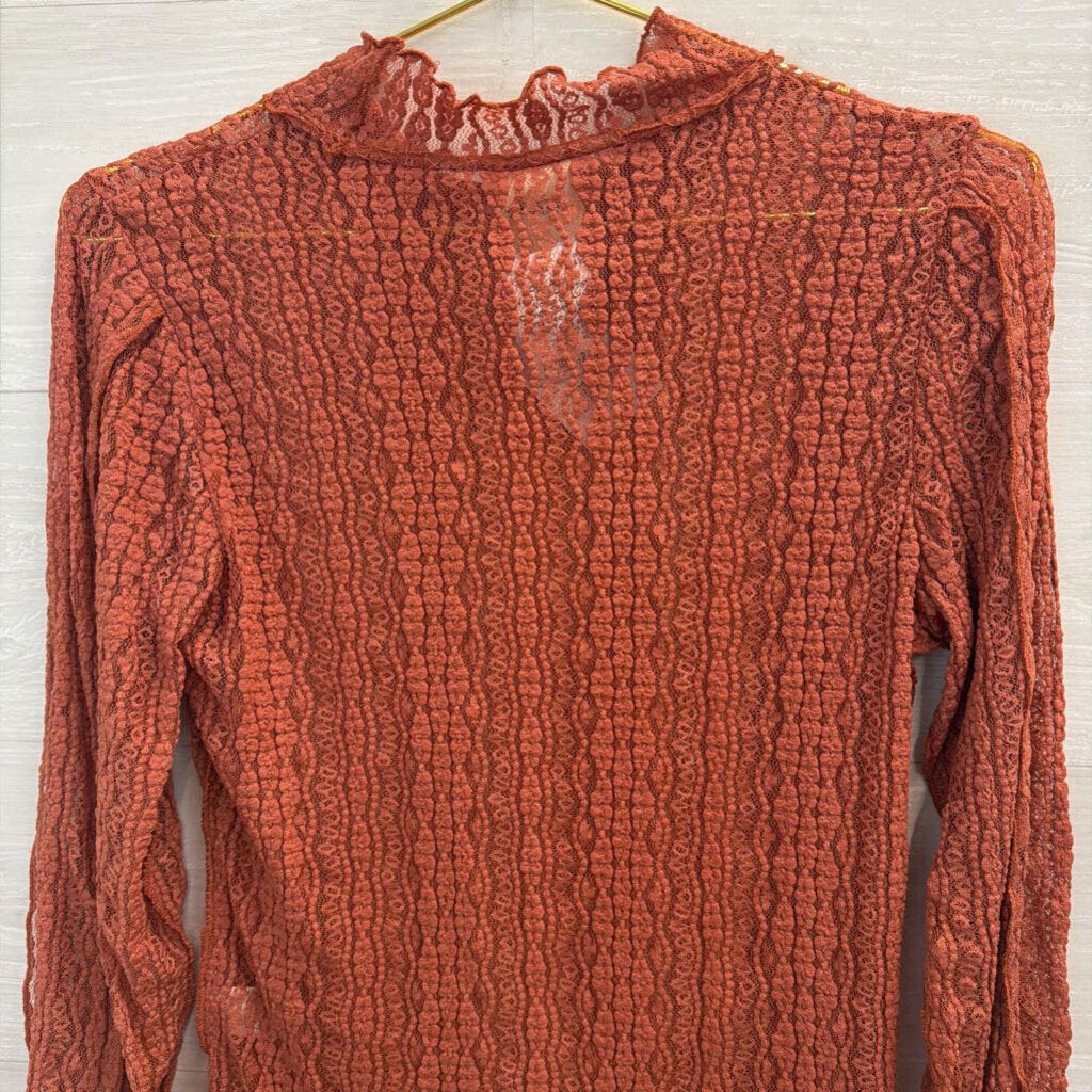 Artistic Works by Lu Orange Sheer Lace Long Sleeve Mock Neck Top Large