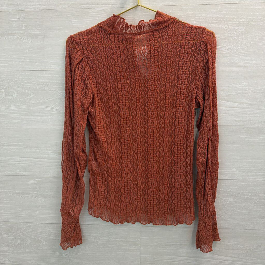 Artistic Works by Lu Orange Sheer Lace Long Sleeve Mock Neck Top Large