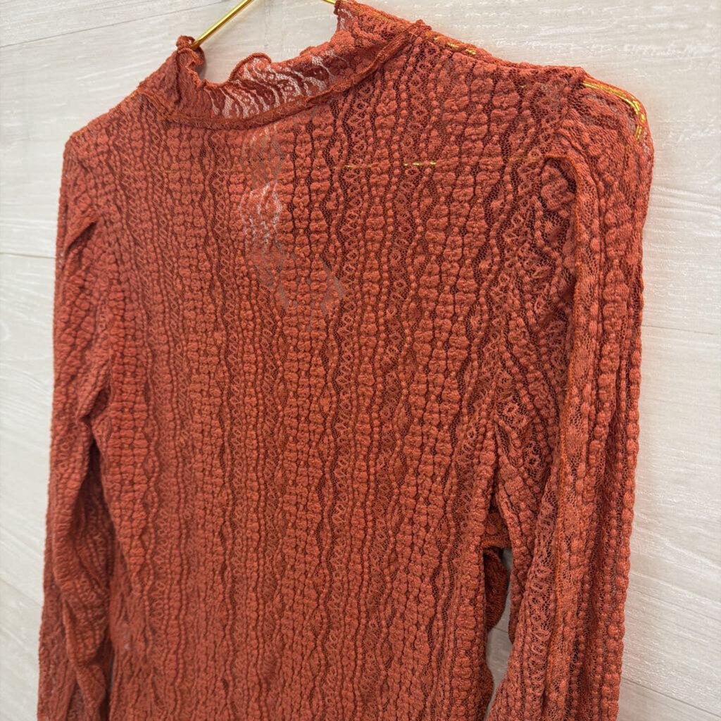 Artistic Works by Lu Orange Sheer Lace Long Sleeve Mock Neck Top Large