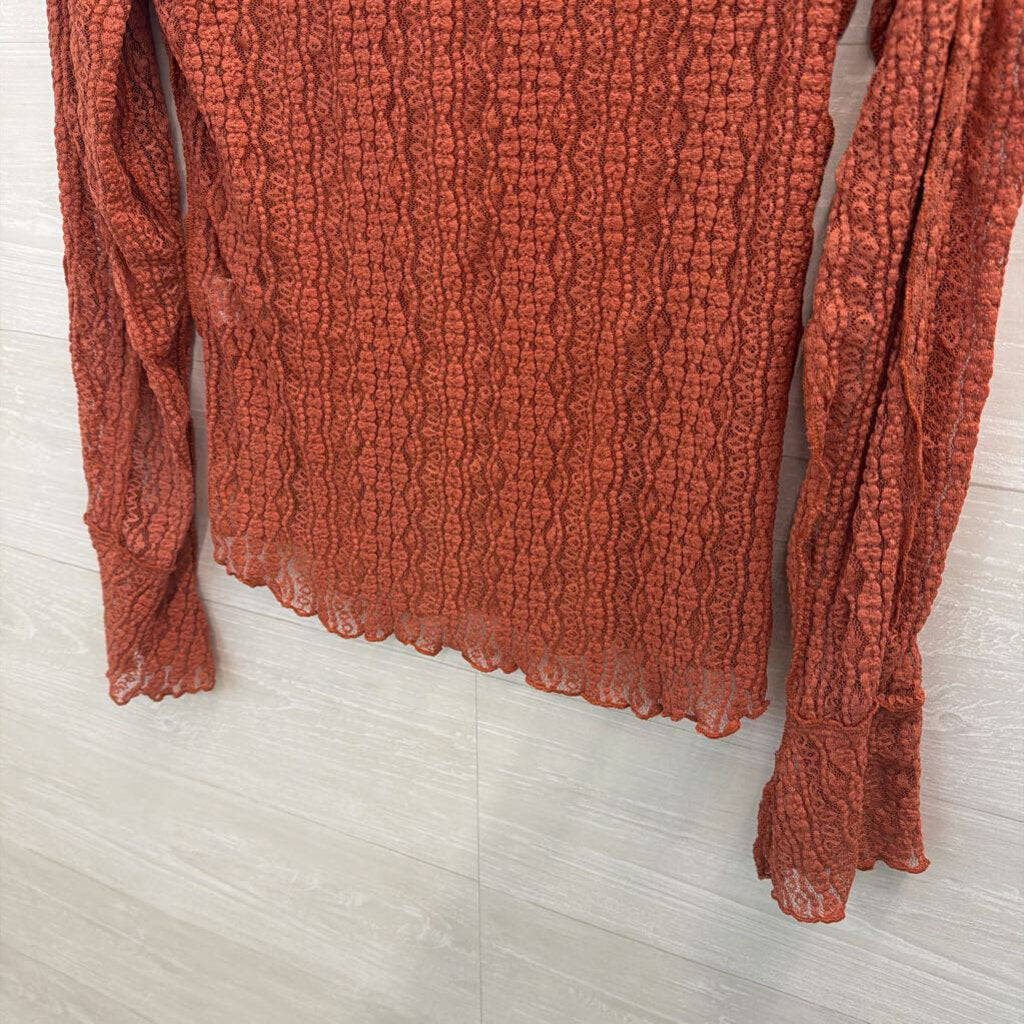 Artistic Works by Lu Orange Sheer Lace Long Sleeve Mock Neck Top Large