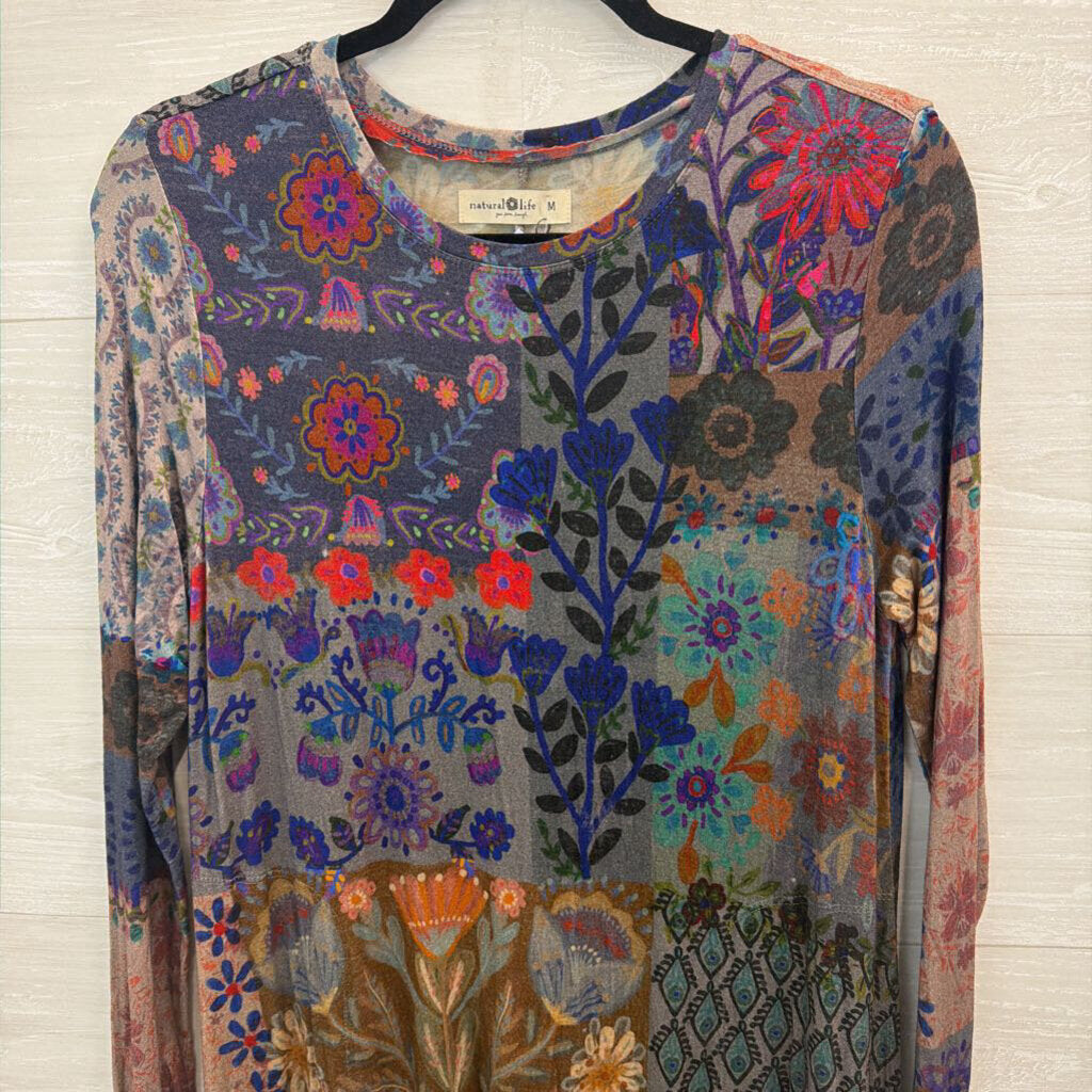 Natural Life Blue/ Grey/ Multi Print Long Sleeve Maxi Dress Medium