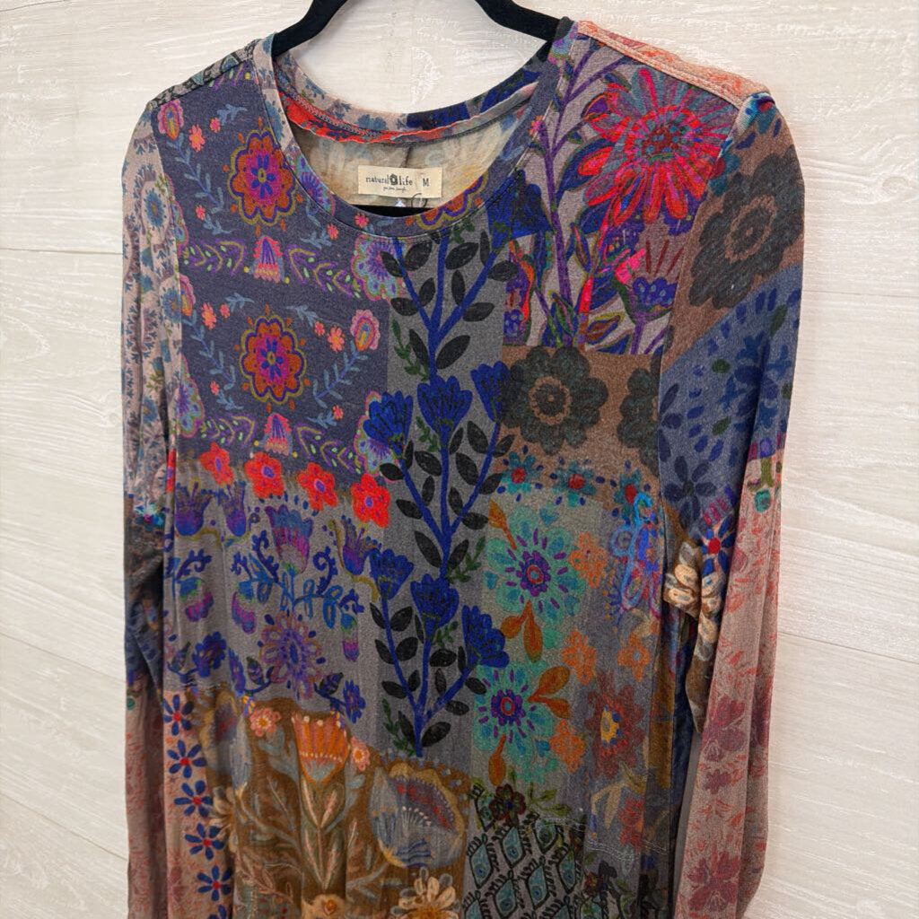 Natural Life Blue/ Grey/ Multi Print Long Sleeve Maxi Dress Medium