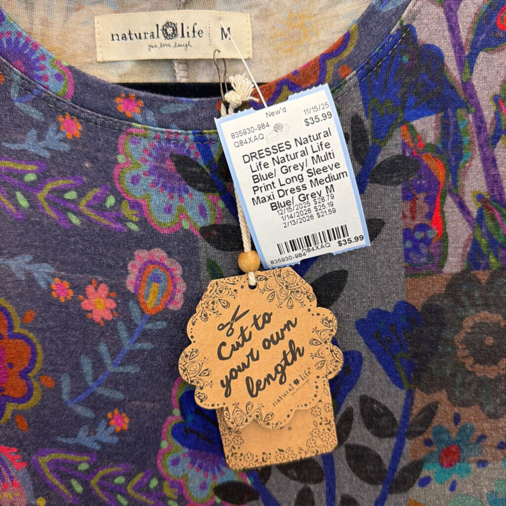 Natural Life Blue/ Grey/ Multi Print Long Sleeve Maxi Dress Medium