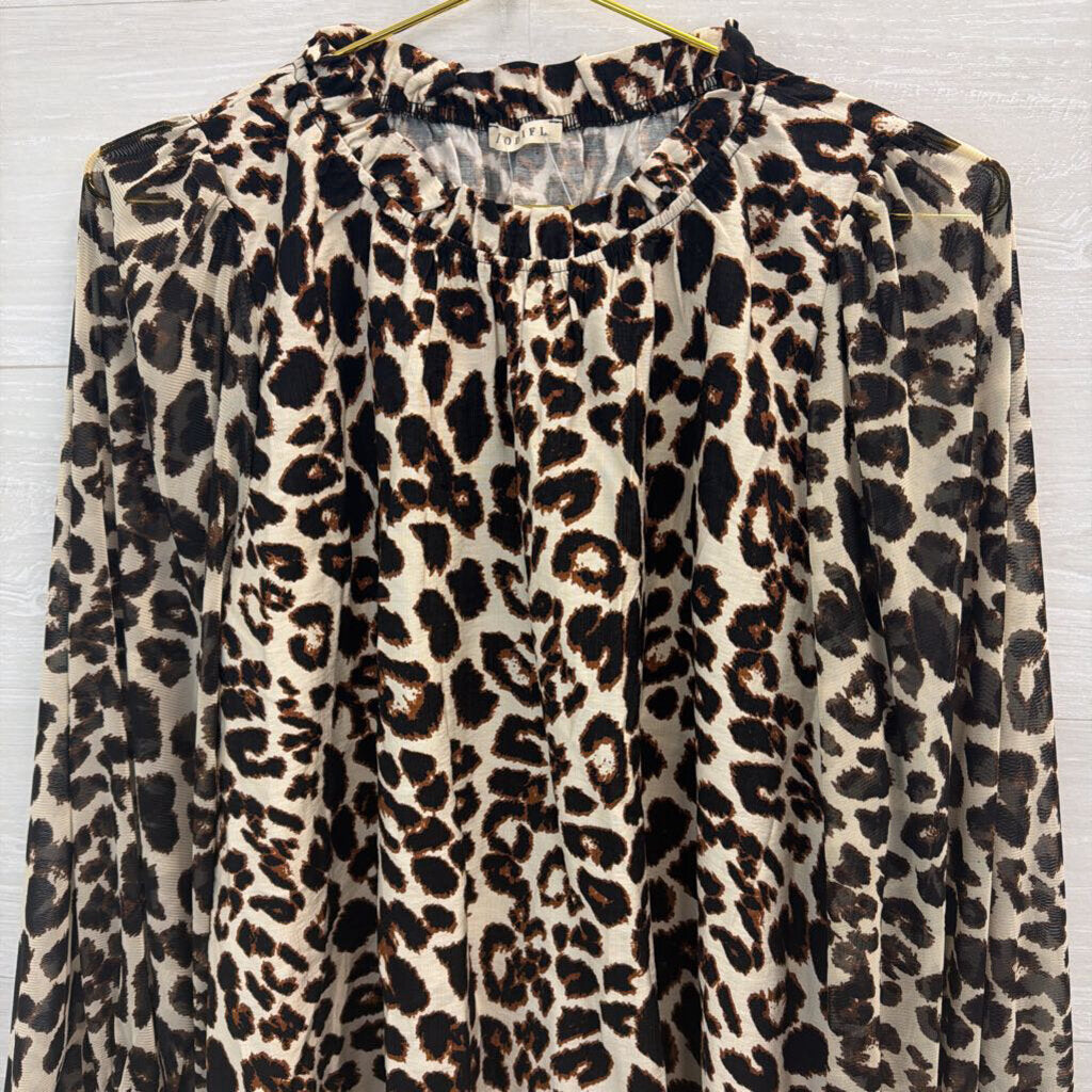 Jodifl Cream/ Brown Leopard Print Long Sleeve Top Large