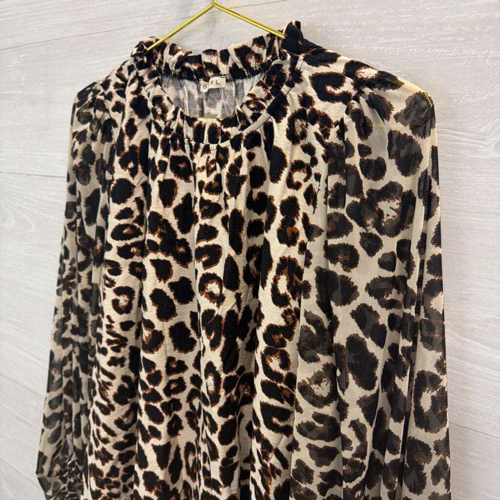 Jodifl Cream/ Brown Leopard Print Long Sleeve Top Large