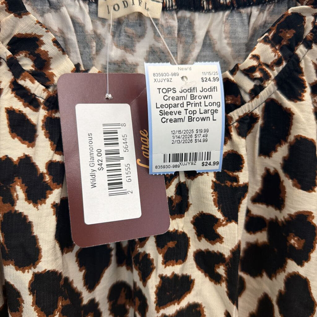Jodifl Cream/ Brown Leopard Print Long Sleeve Top Large