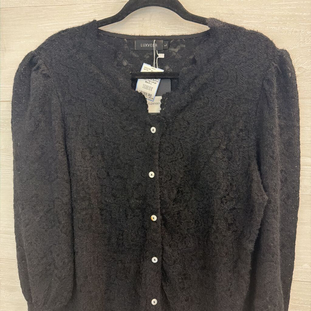 Luxveer Black Lace Long Sleeve Button Front Top Large