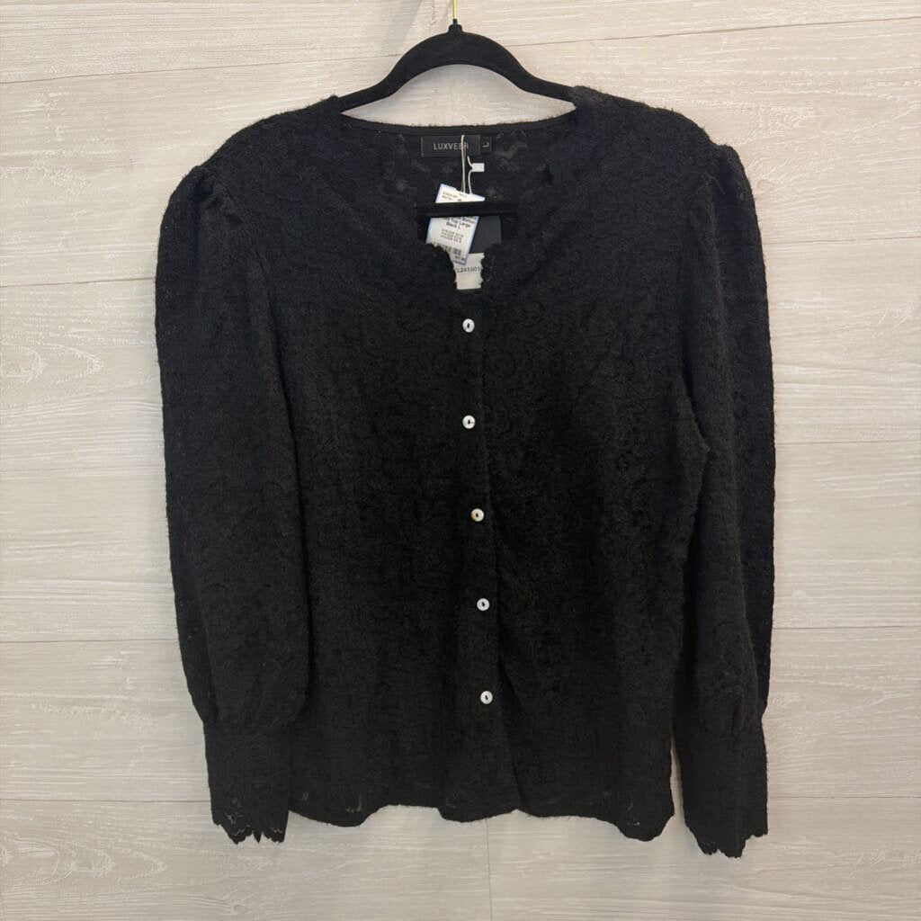 Luxveer Black Lace Long Sleeve Button Front Top Large
