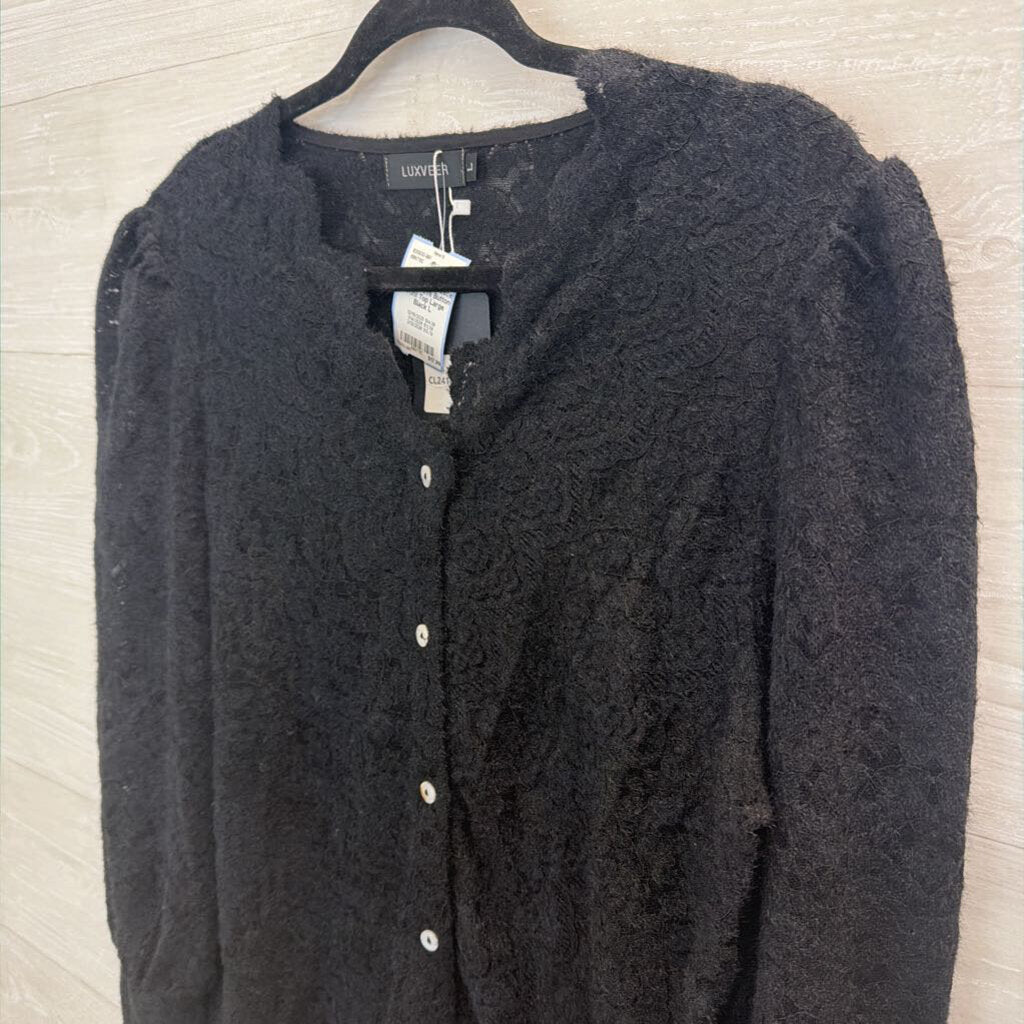 Luxveer Black Lace Long Sleeve Button Front Top Large