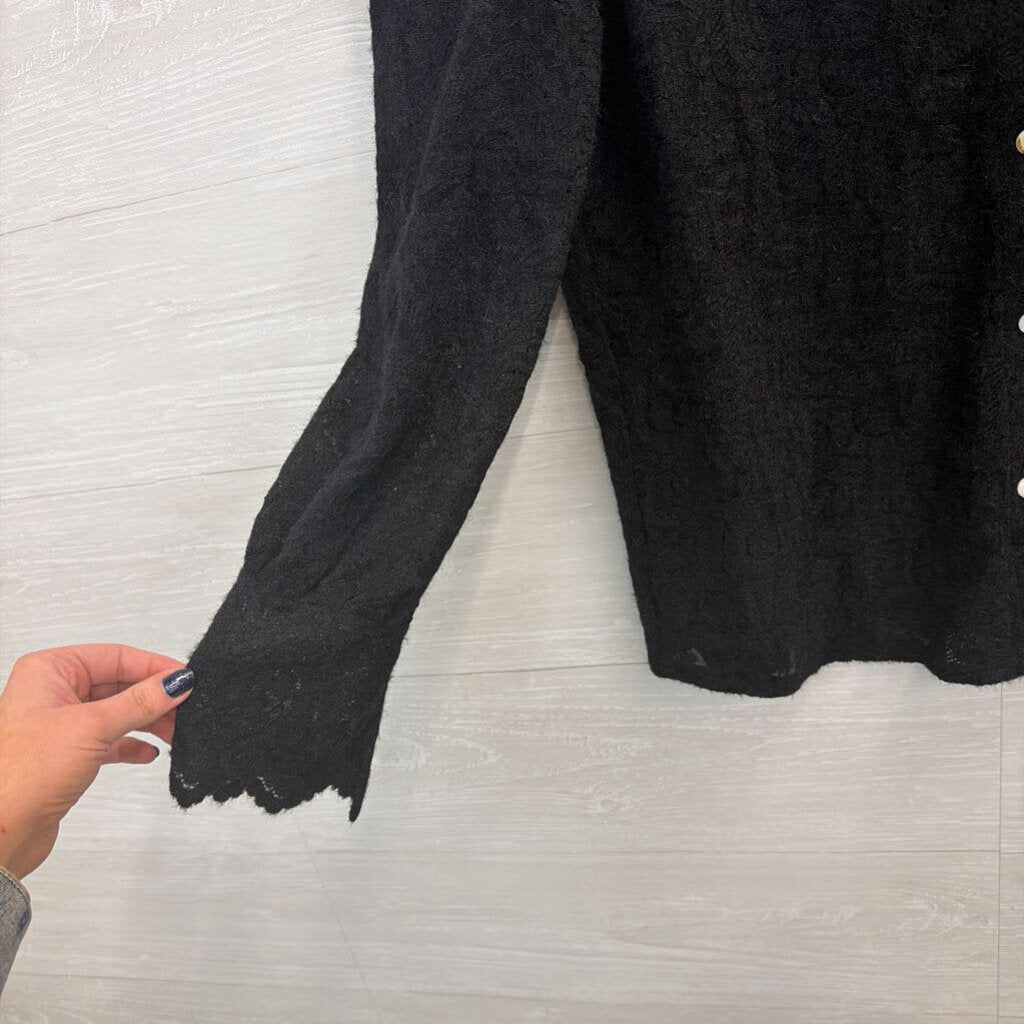 Luxveer Black Lace Long Sleeve Button Front Top Large