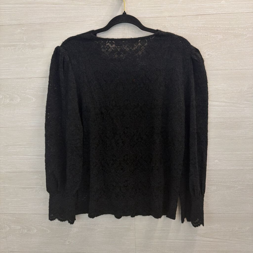 Luxveer Black Lace Long Sleeve Button Front Top Large