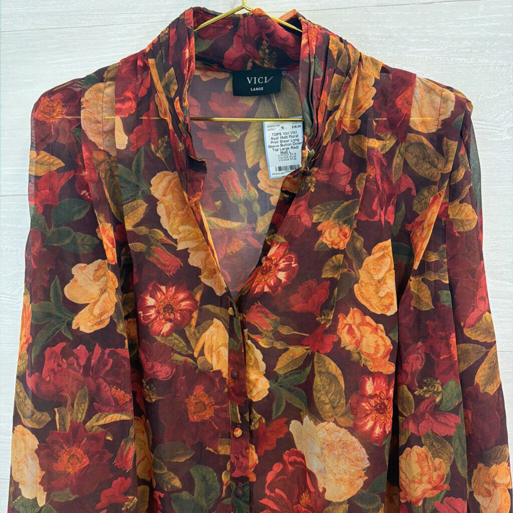Vici Red/ Multi Floral Print Sheer Long Sleeve Button Down Top Large