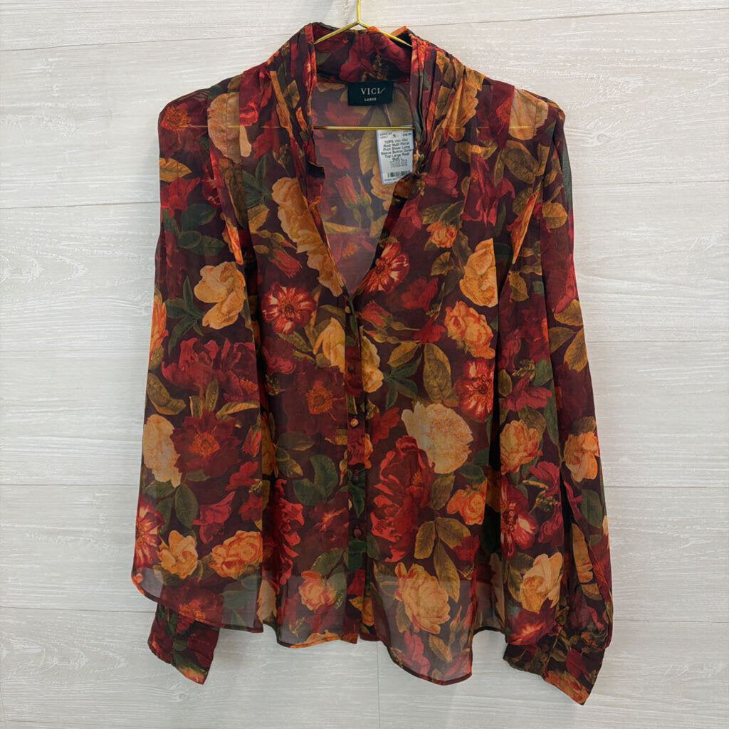 Vici Red/ Multi Floral Print Sheer Long Sleeve Button Down Top Large