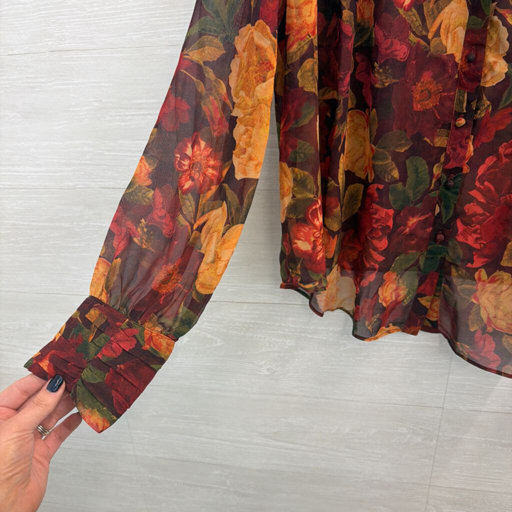Vici Red/ Multi Floral Print Sheer Long Sleeve Button Down Top Large