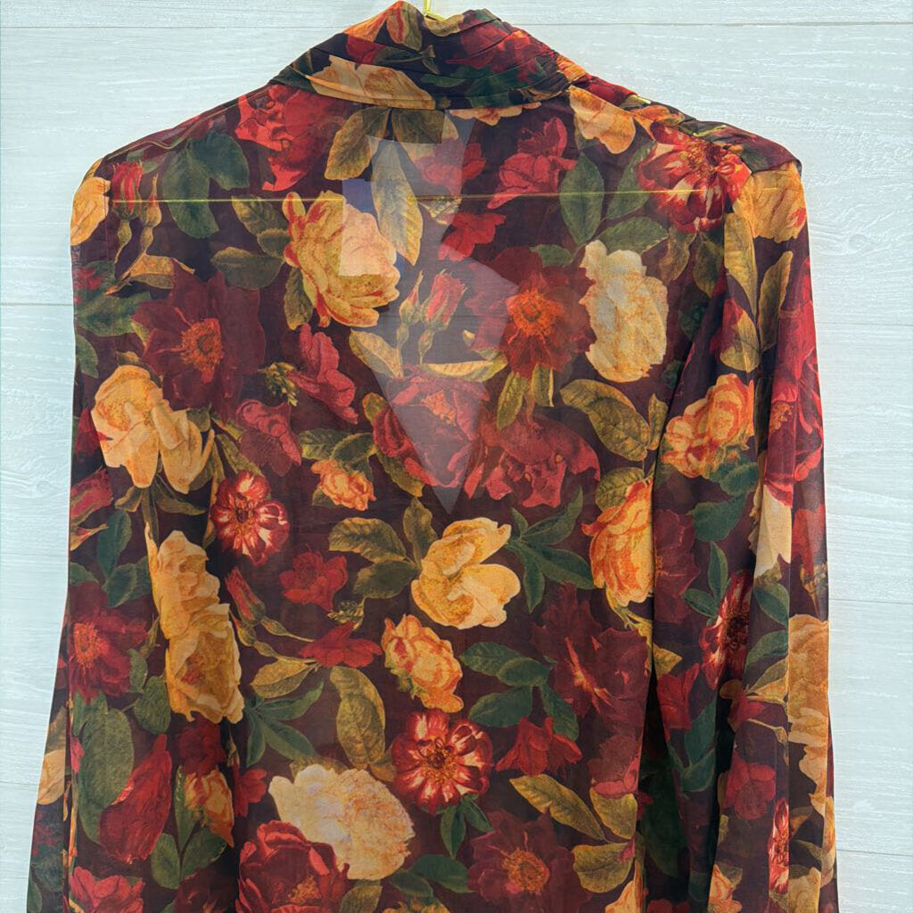 Vici Red/ Multi Floral Print Sheer Long Sleeve Button Down Top Large