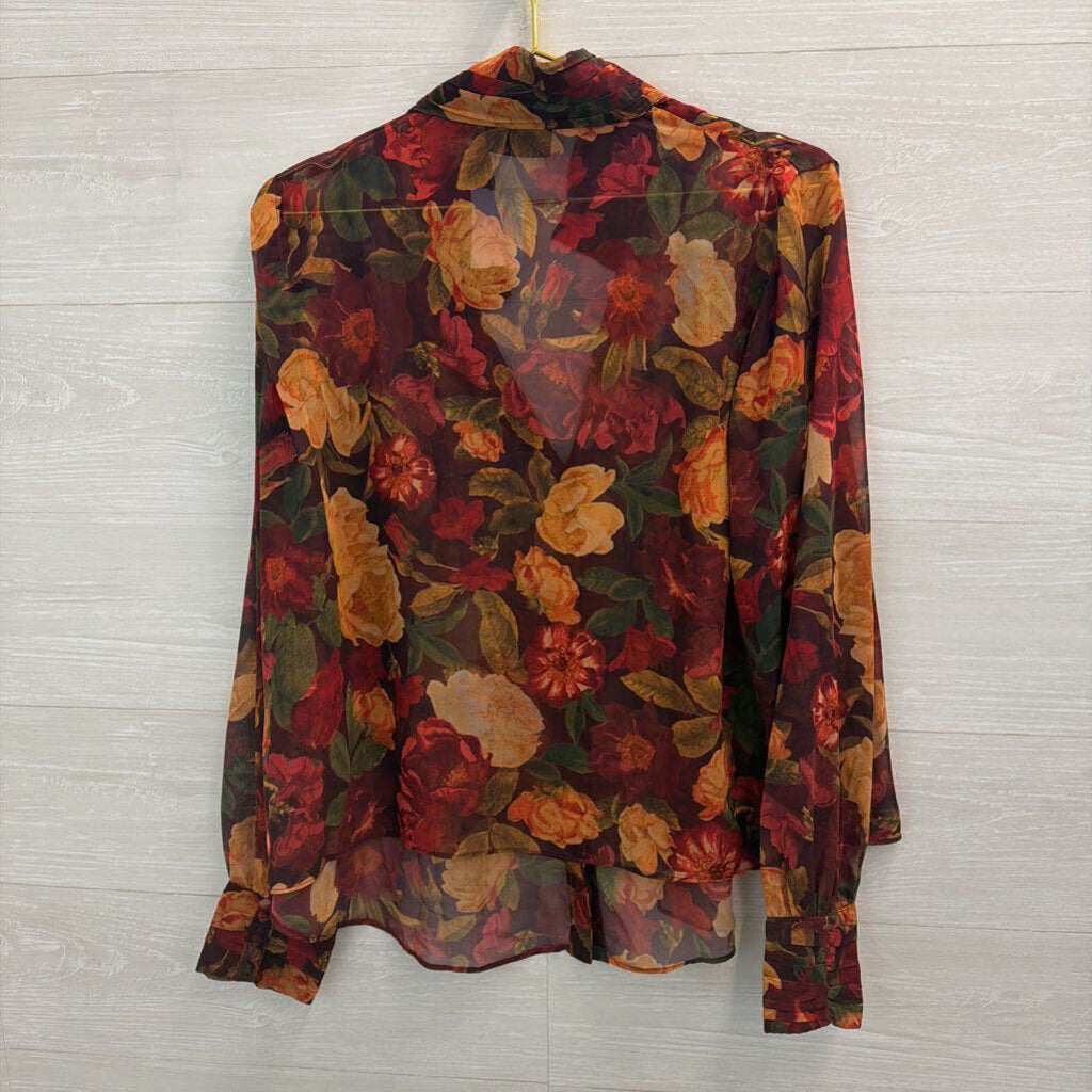 Vici Red/ Multi Floral Print Sheer Long Sleeve Button Down Top Large