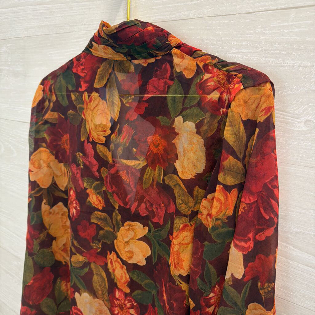 Vici Red/ Multi Floral Print Sheer Long Sleeve Button Down Top Large