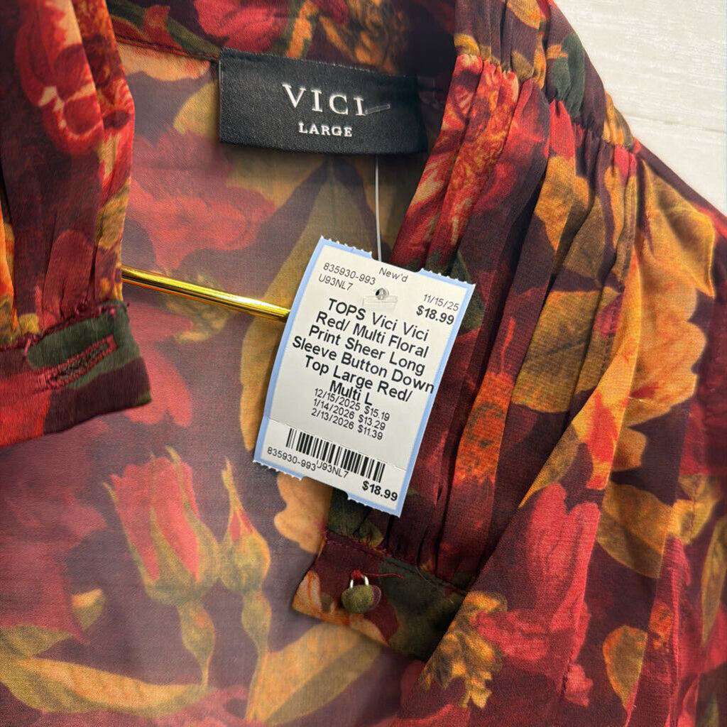 Vici Red/ Multi Floral Print Sheer Long Sleeve Button Down Top Large