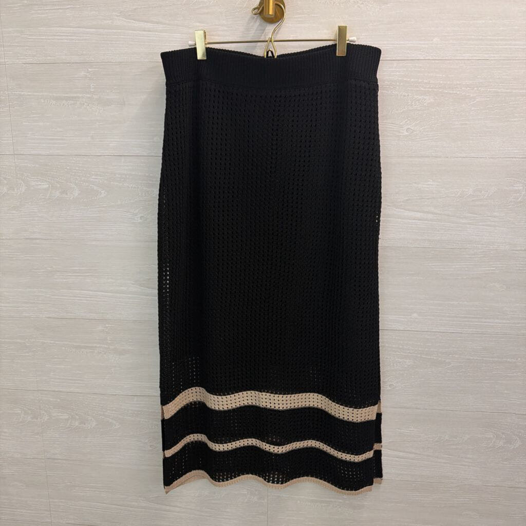 Joseph Ribkoff Black Knit Beige Hem Stripe Midi Skirt Large