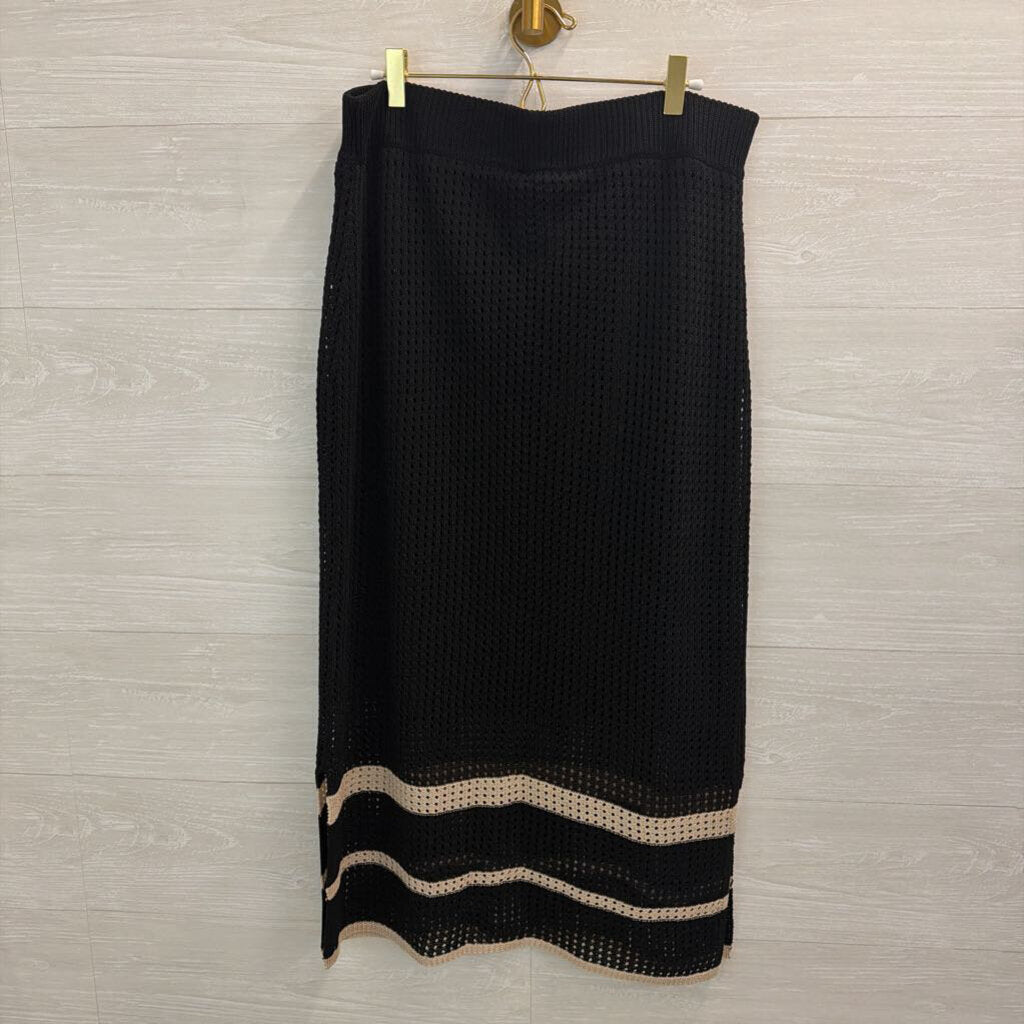 Joseph Ribkoff Black Knit Beige Hem Stripe Midi Skirt Large