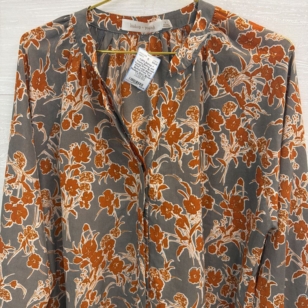 Bishop and Young Grey/ Brown Print Long Sleeve Button Front Top Medium