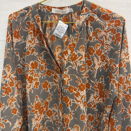 Bishop and Young Grey/ Brown Print Long Sleeve Button Front Top Medium