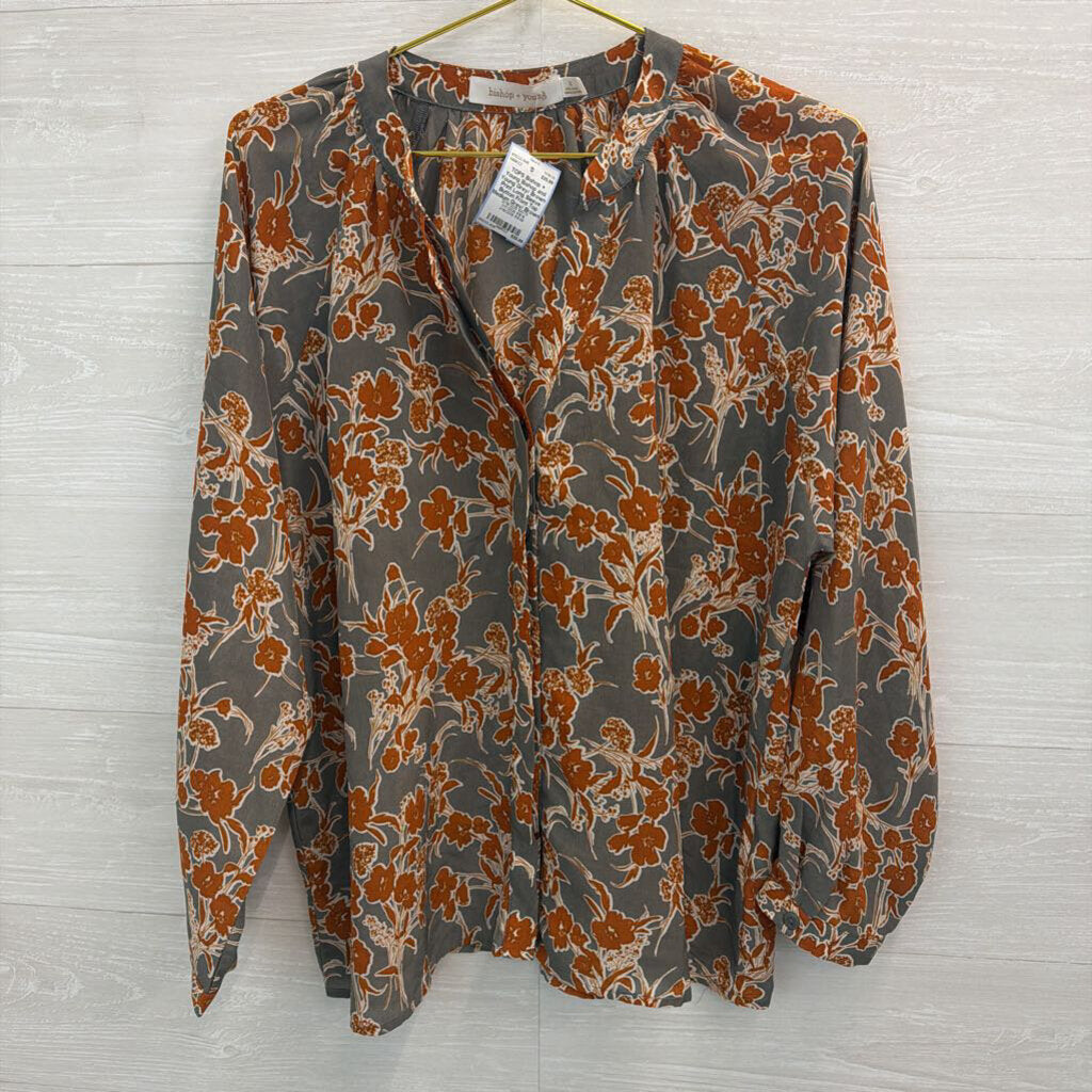 Bishop and Young Grey/ Brown Print Long Sleeve Button Front Top Medium