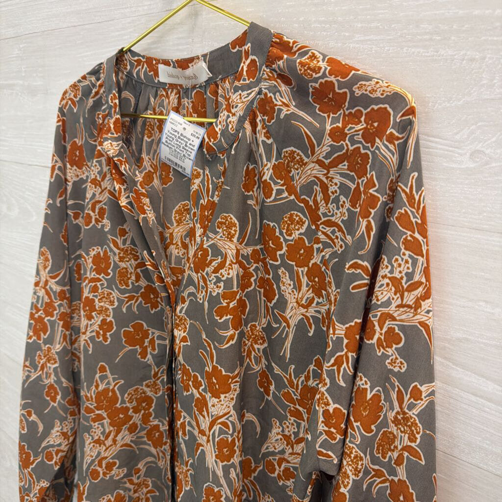 Bishop and Young Grey/ Brown Print Long Sleeve Button Front Top Medium
